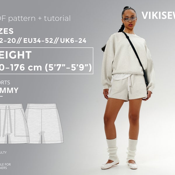 Tammy Shorts PDF sewing pattern with tutorial, size EU34-EU52 for 170-176 cm height