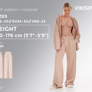 Rumi Pants PDF sewing pattern with tutorial, size EU34-EU52 for 170-176 cm height