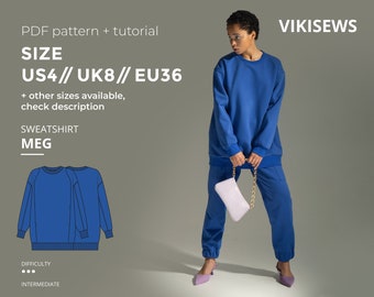 Meg sweatshirt digital pattern pdf sewing pattern with tutorial size US 4 UK 8 EU 36