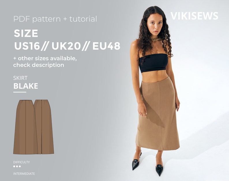 Long Skirt PDF Sewing Pattern Blake Size US16UK20EU48, Aline Maxi