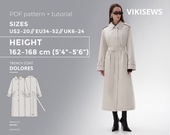 Patron de couture PDF du trench-coat Dolores avec tutoriel, tailles EU34-EU52 pour 162-168 cm de hauteur