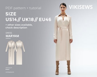 Maryam semi-fitted wrap dress pdf sewing pattern digital pattern with tutorial size US 14 UK 18 EU 46