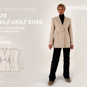 Jacket Collarless Sewing Pattern with Tutorial Marisa US4\UK8\EU36, Modern Women Blazer Pattern