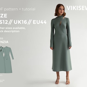 Patrón de vestido Nunzia ajustado con falda acampanada con tutorial en pdf talla US 12 UK 16 EU 44