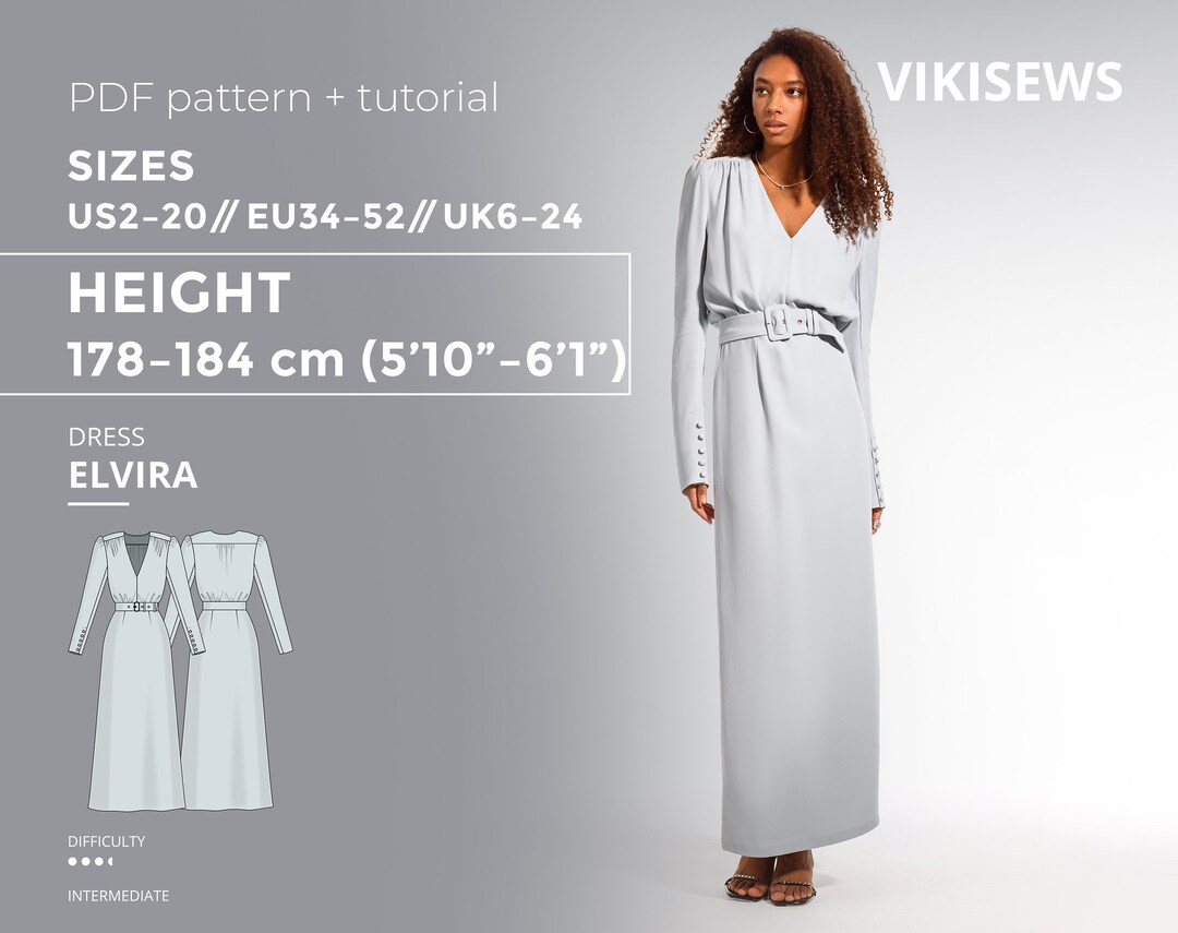 Elvira maxi-jurk met riem en lange mouwen 178-184 hoogte