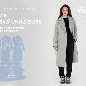 Villanelle Quilted coat sewing pattern with tutorial size US 4 UK 8 EU 36