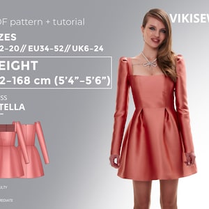 May include: A PDF sewing pattern for a pink dress with a square neckline and puff sleeves. The pattern is for sizes US 2-20, EU 34-52, and UK 6-24. The dress is called "Estella" and is rated as intermediate difficulty.