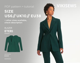 Eteri classic tailored blazer pattern with pdf tutorial size US 6 UK 10 EU 38