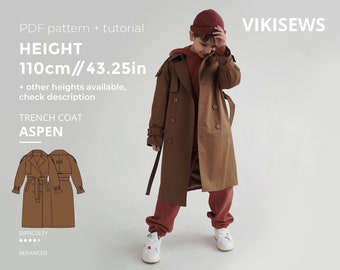 Trench-coat en tremble pour garçons, enfants : modèle de couture de trench-coat avec tutoriel hauteur 43,25 pouces 110 cm