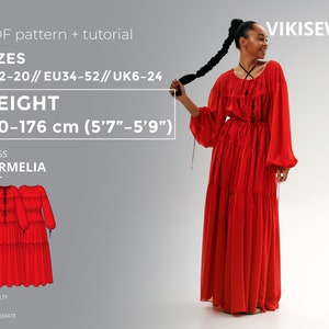 Carmelia Dress PDF sewing pattern with tutorial, size EU34-EU52 for 170-176 cm height
