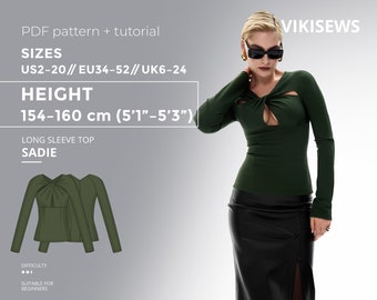 Easy DIY Top for Women Sadie, Size EU34-EU52 for 154-160 cm height, Vikisews Long Sleeve Top PDF Sewing Pattern, Trendy Casual Design