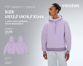 Lilas naaipatroon met hoodie met raglanmouwen en tutorial maat US 12 UK 16 EU 44