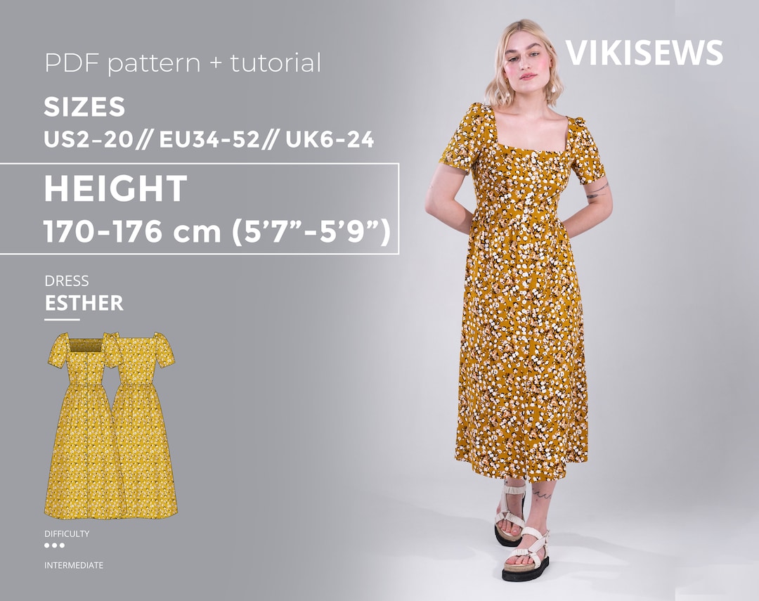 Esther Dress 170-176 Height US Sizes 2 20 Pattern, Button Front