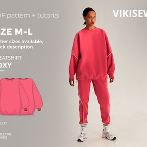 May include: A pink sweatshirt with white piping and a drawstring hem. The sweatshirt is part of a sewing pattern for a sweatshirt and sweatpants. The pattern is called "Roxy" and is available in sizes M-L. The pattern is suitable for beginners.