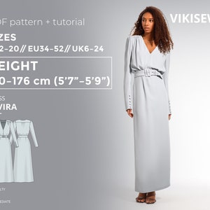 Könnte beinhalten: Ein PDF-Schnittmuster für ein langes, hellblaues Kleid mit V-Ausschnitt und Gürtel. Das Schnittmuster ist in den Größen EU 34-52 erhältlich und für eine Körpergröße von 170-176 cm geeignet. Der Schwierigkeitsgrad ist mittel. Das Schnittmuster heißt "Elvira".