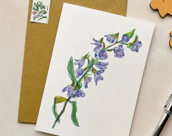 Delphinium Flowers Card, Floral Illustration Notecard, Birth Flower July Birthday, Botanical Art Large Card, Thank You Card