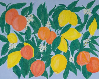 A3 Lemons and Oranges Print, Citrus Still Life Painting, Kitchen Art, Fruit Market Print, Botanical Horizontal Wall Art