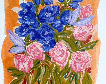 Flower Art Print, Delphinium and Rose Painting, A4 Print Gallery Wall, Boho Style Painterly Floral Bloomsbury Botanical Print