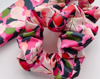 Soft Vegan Silk Scrunchie in Hot Pink Pattern, Colourful Eco Scrunchie Suitable for Thick Hair Tie, Zero Waste Gift For Friend or Sister