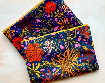 Navy Blue Floral Velvet Pouch, Recycled Fabric, Travel Clutch Bag, Colourful Pencil Case or Make up Bag, Peachy Soft Pouch for Flower Lovers