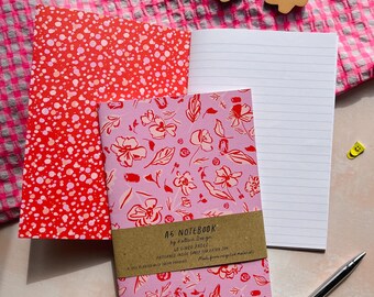 Pink Flowers A5 Notebook with Lined Pages, Ink Illustration Floral Pattern Soft Cover Notebook,  To Do List or Travel Journal, Teacher Gift