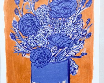 Ranunculus Flower Art Print, Indigo Flowers in Vase Painting, Botanical Blue Decor, Floral Gallery Wall Art