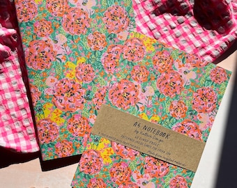 Pretty Notebook with Lined Pages A5, Zinnia Flower Garden and Bees Floral Soft Cover Notebook, Gratitude Journal, Secret Santa Gift