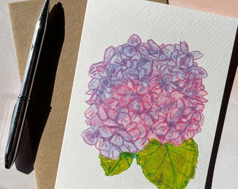 Hydrangea Flower Card: Botanical Art Notecard, November Birthday, Lilac Floral Illustration