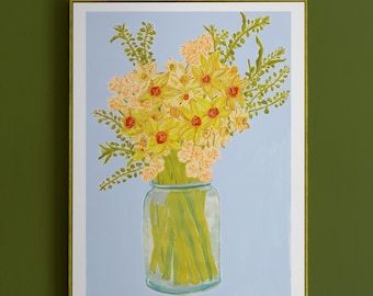 Daffodil A4 Print, Narcissi Flower Art, March Birth Flower, Flowers in Vase Painting, Mother's Day Gift, Yellow Wall Art, Spring Flowers