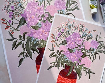 Flower Art Print A4 Size, Painted Flowers in Vase, Still Life Pink Floral Print, Pink Wall Art Home Decor, Bedroom Gallery Wall