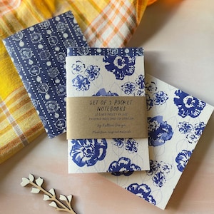 A6 Notebook Set, Plain or Lined Pages, Recycled Pocket Notebook Set, Blue Floral Soft Cover Notebooks, Bullet Journal, Mini Sketchbook