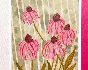 Pink Echinacea Flower A5 Print, Coneflower Painting, Mini Botanical Print, Floral Gallery Wall Art, Cottagecore Decor