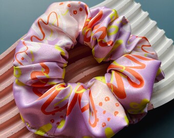 Big Lilac Scrunchie in Abstract Pattern, Silky Soft Eco Scrunchie, Thick Hair Tie, Secret Santa Gift For Friend, Pastel Silk Scrunchie