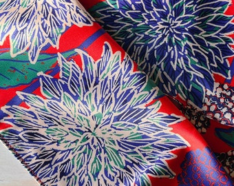 Dahlia Print Floral Scarf, Red Ladies Scarf, Lightweight Neck Scarf or Hair Scarf, Vegan Silk Scarf, November Birthday or Anniversary Gift