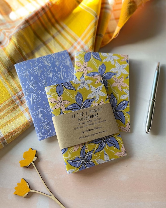 A6 Notebook Set, Pretty Pocket Notebooks, Soft Cover Floral Notebooks, Plain or Lined Pages, Recycled Journal, Sustainable Gift For Her