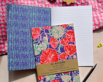 Poppies A5 Notebook with Lined Pages, Blue and Red Flower Pattern, Floral Soft Cover Notebook, Travel Journal or To Do List, Teacher Gift