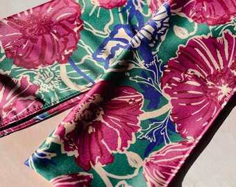 Poppy Flower Print Scarf, Pink Ladies Scarf, Lightweight Neck Scarf or Hair Scarf, Vegan Silk Scarf, Birthday or Anniversary Gift