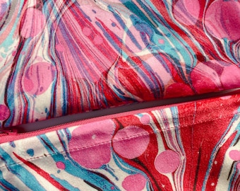 Zipper Pouch with Satin, Pink Marbled Make Up Bag, Eco Friendly Velvet Fabric Pencil Case, Kindle Case, Travel Organiser, Best Friend Gift