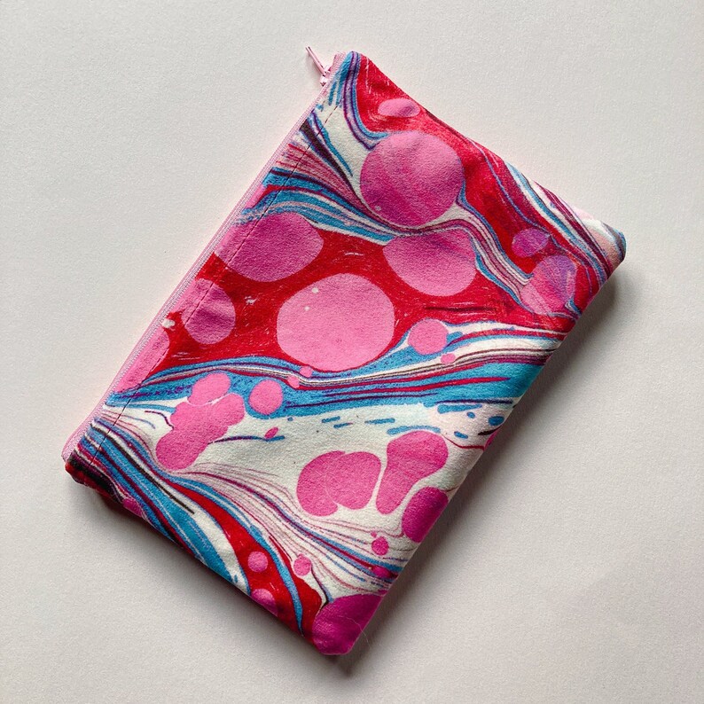 Zipper Pouch with Satin, Pink Marbled Make Up Bag, Eco Friendly Velvet Fabric Pencil Case, Kindle Case, Travel Organiser, Best Friend Gift image 1