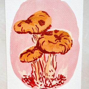 Pilz Druck: Pink Waldpilze Malerei, Cottagecore Wandbild (A5)
