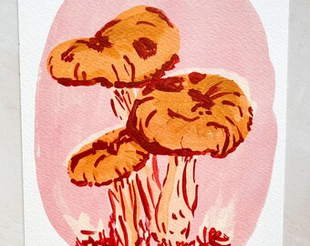 Mushroom Art Print, Pink Forest Fungi Painting, Cottagecore Gallery Wall Art, A5 Print, Foraging Gift, Whimsical Botanical Art