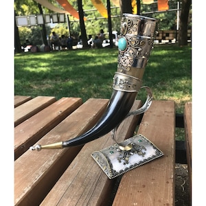 Drinking horn, handmade drinking horn with  stand, great gift for wedding, for birthday, made with pour hands. best gift