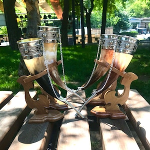 Handcrafted Cow Horn Drinking Horn with Stand: Viking Beer Stein