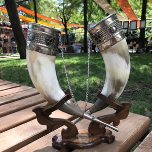 Handmade Viking Drinking Horn Set: Cow Horn with Wooden Stand