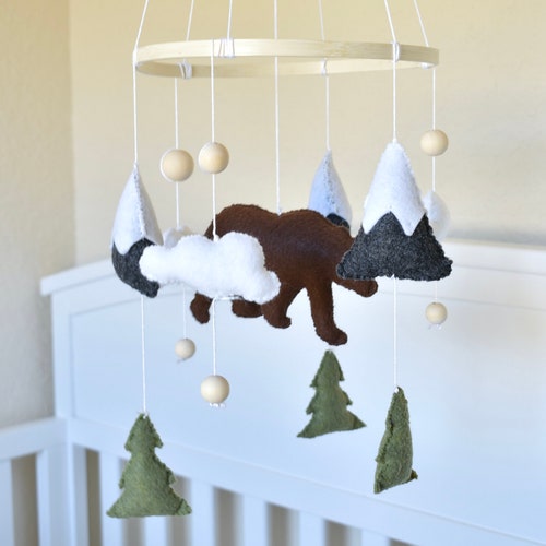 Woodland Felt Crib Mobile Bear Mountain Forest Cloud Mobile Etsy