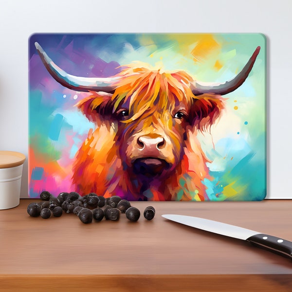 Highland cow chopping board, Highland cow gift for her, Glass chopping board, Worktop saver, Kitchen gift for women, Glass cutting board