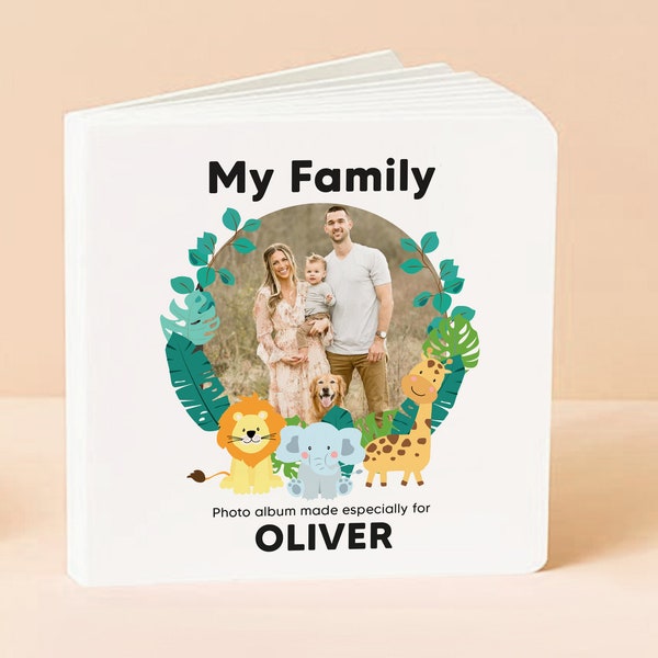 Baby's Safari Theme Small Family Photo Album Board Book, Fully Personalised and Custom Name, Text and Photos