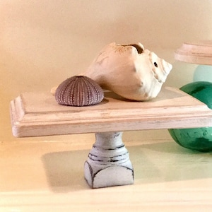 shelf riser pedestal, small, rectangular,  white distressed wood, shabby chic or farmhouse style
