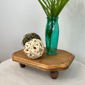 Octagonal shelf riser natural wood tones, solid wood, upcycled repurposed table legs