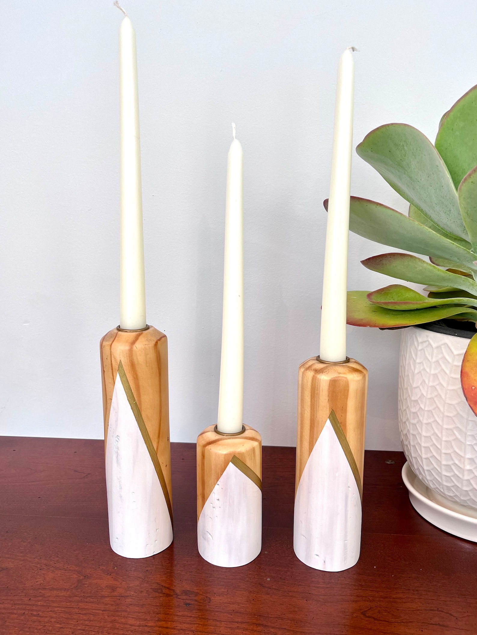 Natural Wood Taper Candle Holders With White and Metallic Gold Accents